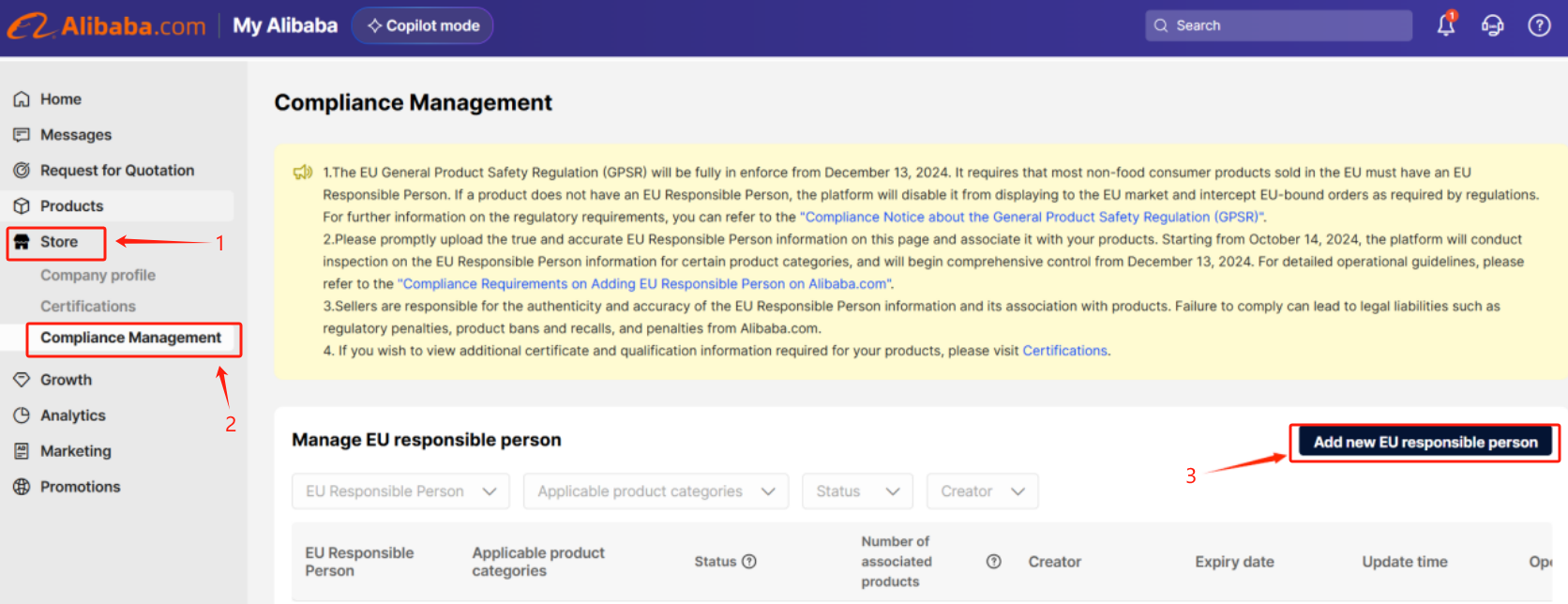 【Store】>【Compliance Management】>【Add new EU responsible person】